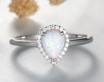 1PC Opal Engagement Ring White Opal Ring Halo Ring Sterling Silver Ring October Birthstone 14K Rose Gold Ring Promise Ring