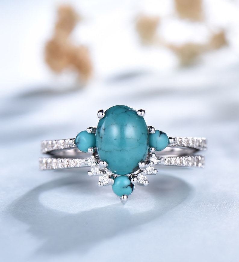 Turquoise Wedding Ring Set Oval Turquoise Ring 925 Sterling Silver Rings December Birthstone Ring Turquoise Gold Ring Bridal Set