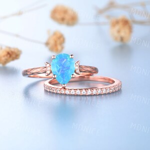 Opal Wedding Ring Set, Blue Opal Engagement Ring, Rose Gold Rings for Women, Pave Stacking Band, Blue Opal Ring, Promise Anniversary Ring
