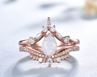 Rose Gold Pear Opal Bridal Set: Vintage Wedding Ring