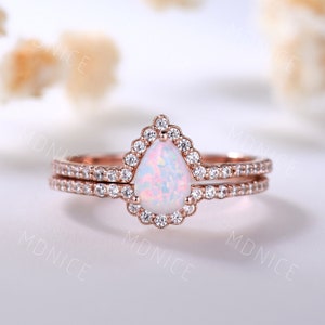 Opal Ring, Rose Gold Opal Engagement Ring Set, Dainty Opal Ring, Art Deco Wedding Ring, October Birthstone Ring, Bridal Promise Ring