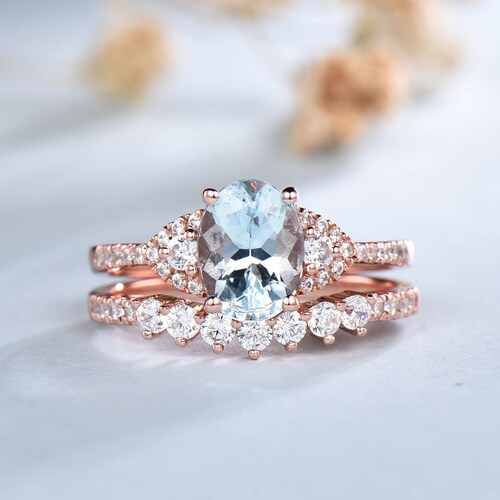 Natural Aquamarine Engagement Ring Set Rose Gold Aquamarine Etsy