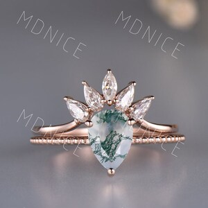 Pear shaped Moss Agate Engagement Ring set Rose Gold Wedding Ring set Unique Pear Cluster Stacking Band Promise Anniversary Ring