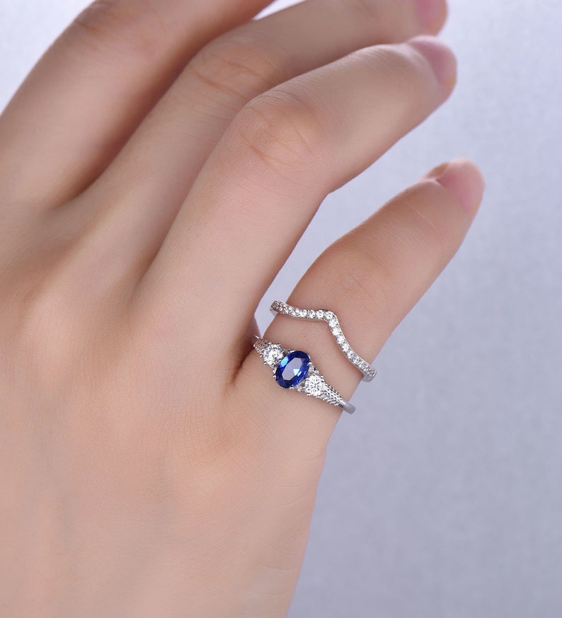 Oval Sapphire Ring Sapphire Wedding Ring Set Blue Sapphire Etsy