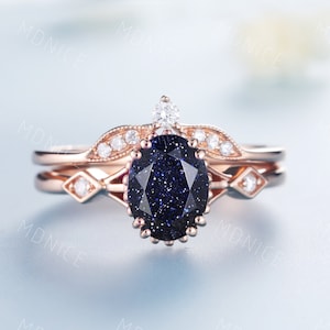 Rose Gold Blue Sandstone Ring, Oval Blue Sandstone Engagement Ring Set, Unique Curved Stacking Matching Band, Bridal Promise Ring