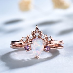 Vintage White Fire Opal Ring, Opal Bridal Ring Set, Dainty Opal Engagement Ring, Rose Gold Rings, Matching Band, Opal Jewelry, Gift for Her