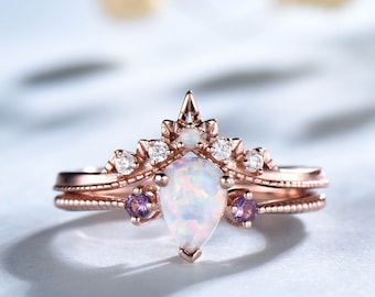 Vintage Pear Cut Opal Bridal Ring Set: Rose Gold Sterling Silver