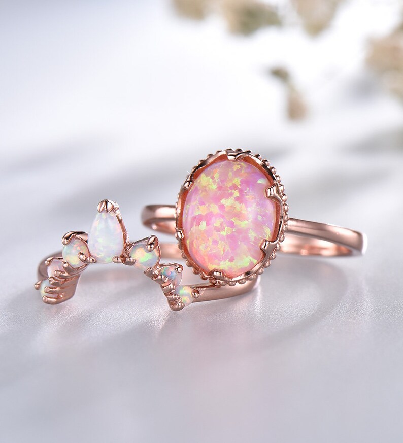 Opal Wedding Ring Set Oval Pink Fire Opal Engagement Ring