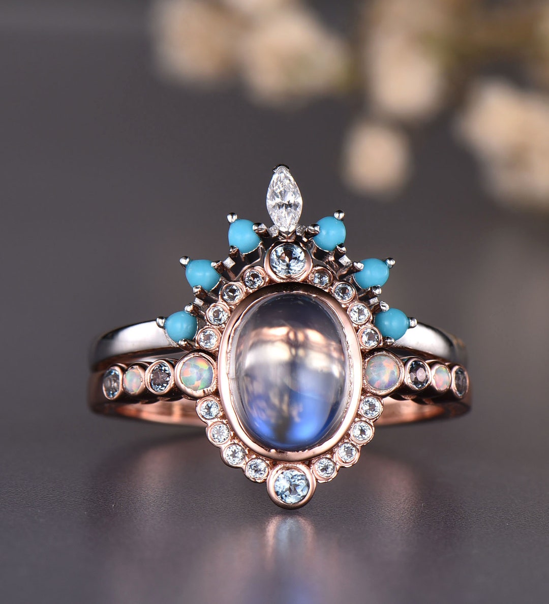 Vintage Moonstone Bridal Ring Set: 14k Rose Gold, Turquoise Crown ...