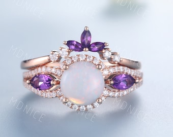 Genuine Opal Bridal Set/ Opal Engagement Ring Set/ 14K Solid Rose Gold Ring/ Opal Amethyst Wedding Ring Set/ Natural Opal Ring Set