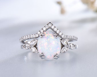 Opal Engagement Ring Sterling Silver Vintage Style Wedding Set CZ Diamond Wedding Band October Birthstone Jewelry 14k Gold Rings