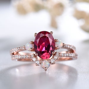 Ruby Ring, Rose Gold Ruby Opal Wedding Ring Set, July Birthstone Ring, Opal Stacking Band, Ruby Dainty Ring, Promise Ring, Anniversary Ring