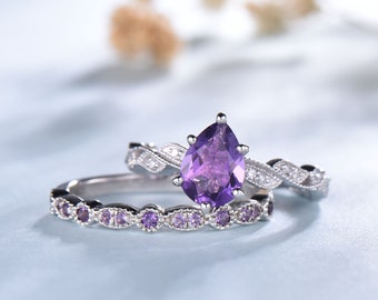 Natural Amethyst Ring, Sterling Silver Ring, Amethyst Ring Set, Stacking Ring, Eternity Band, Amethyst Jewelry, Bridal Set, Promise Ring