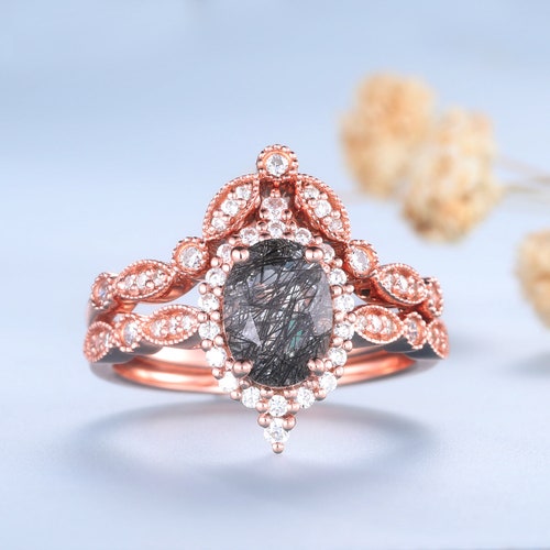 Black Rutilated Quartz Engagement Ring Set Pear Shaped | Etsy