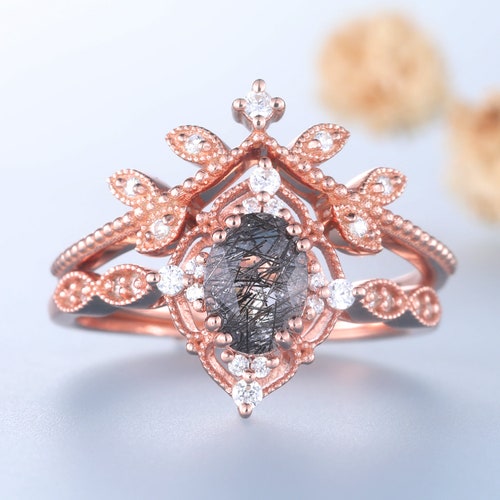 Black Rutilated Quartz Engagement Ring Set Pear Shaped | Etsy