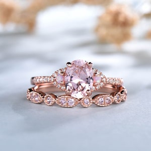 Rose Gold Morganite Engagement Ring, Oval Morganite Wedding Ring Set, Art deco Wedding Band, Stacking Ring, Wedding Ring, Morganite Set
