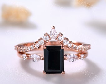 2PCS Emerald cut Black Onyx engagement ring set Rose gold engagement ring vintage Unique Curved moissanite ring Bridal gift Platinum ring