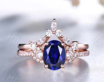 Sapphire Engagement Ring Set, Oval Blue Sapphire Engagement Ring, Unique Marquise Cluster Ring, Stacking Band, September Birthstone