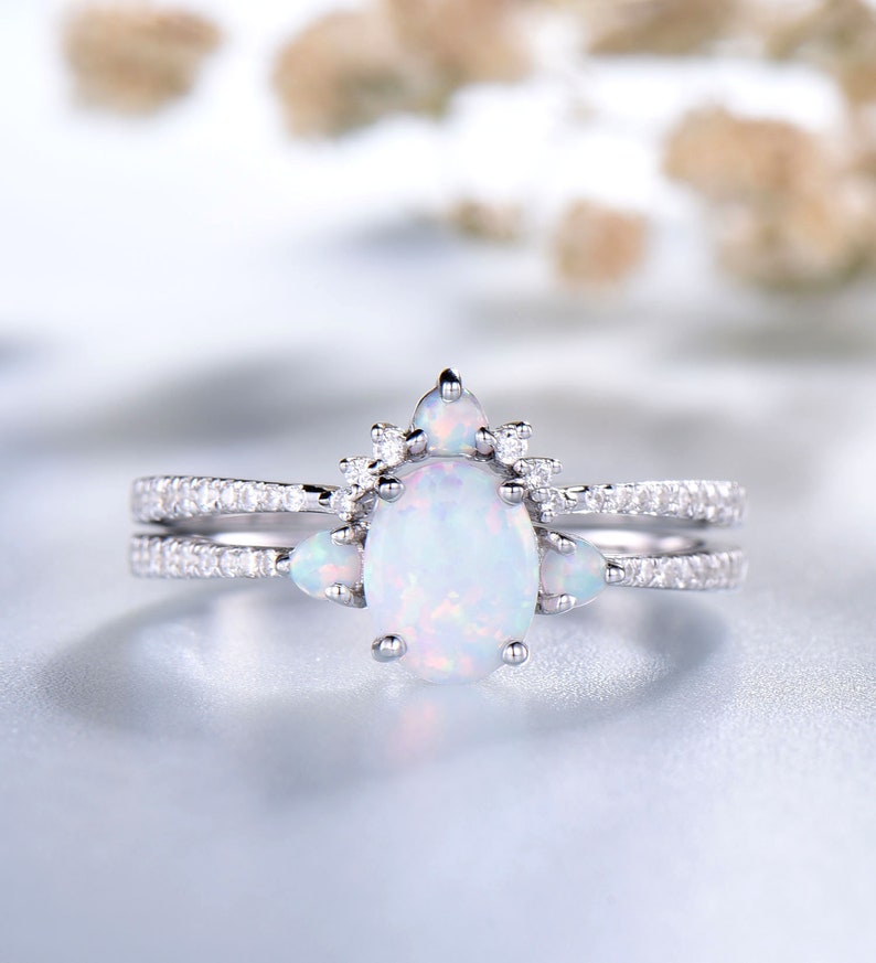 Opal Ring,White Fire Opal Engagement Ring Set,Oval Opal Bridal Set,CZ Diamond Eternity Band,Silver Opal Ring,14K Rose Gold Opal Wedding Ring image 9