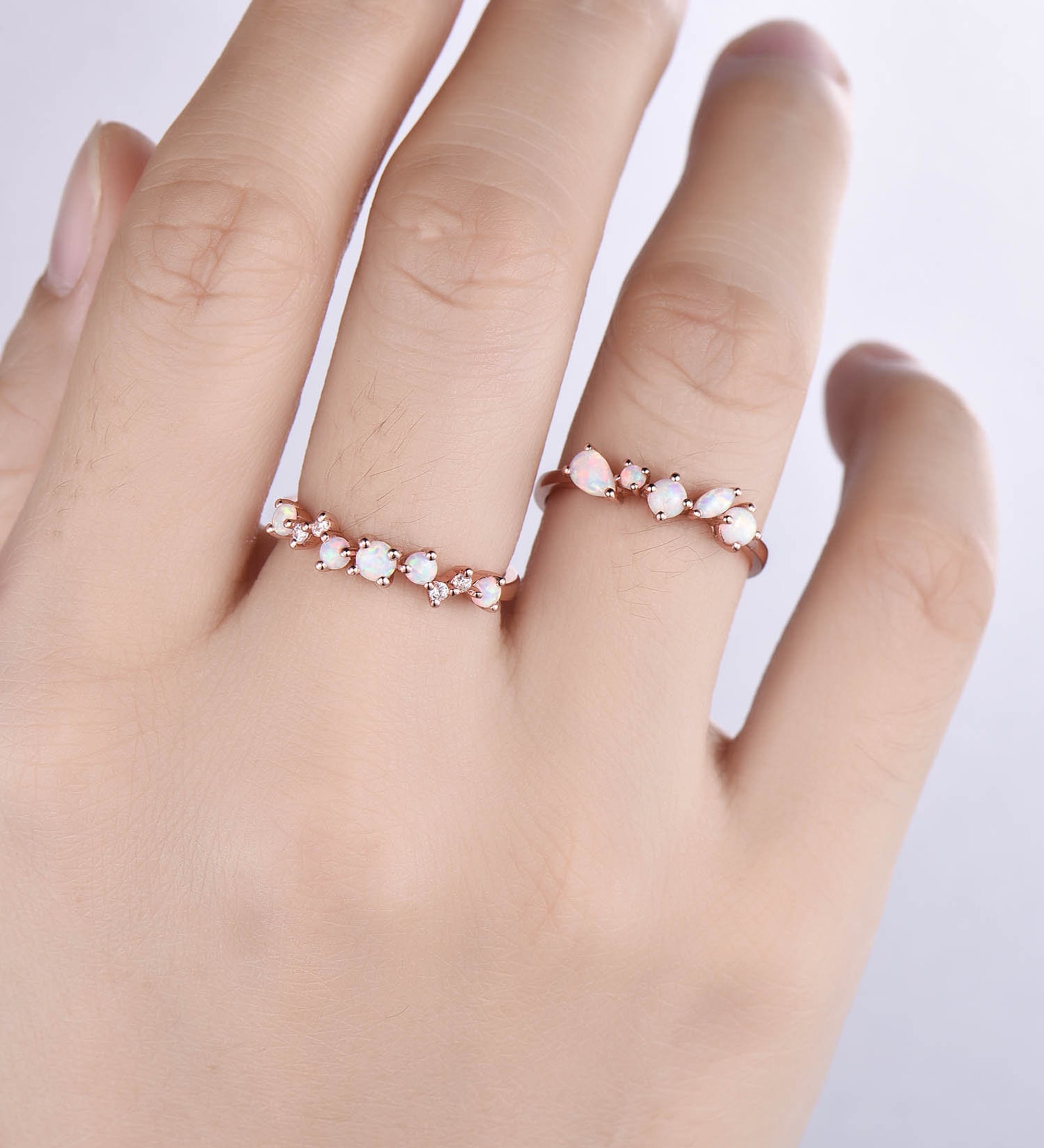 Opal Wedding Ring Set, Opal Stacking Rings, Rose Gold Opal Ring ...