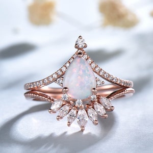 Opal Engagement Ring Rose Gold, Vintage Opal Engagement Ring Set, Unique Curved Wedding Band, Pear Ring, Bridal Anniversary Gift