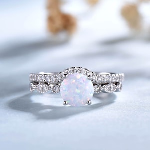 Dainty Opal Ring, Opal Bridal Set, Stacking opal CZ Ring, Gold Opal Ring, Sterling Silver Opal Ring, White Opal Ring, Delicate Opal Ring