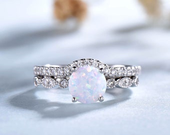 Dainty White Opal Ring Set: Sterling Silver CZ Bridal Jewelry
