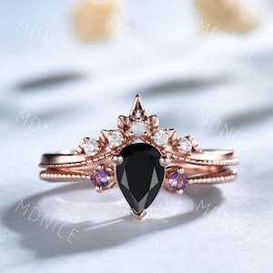 Pear Black Onyx Engagement Ring, Dainty Black Onyx and Amethyst Three Stone Ring, Unique Opal Stacking Band, Vintage Promise Ring,Bridal Set