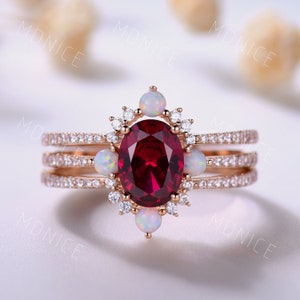 3PCS Ruby Engagement Ring Set, Rose Gold Ruby Opal Wedding Ring Set, Curved Opal Stacking Band, July Birthstone Ring, Anniversary Rings