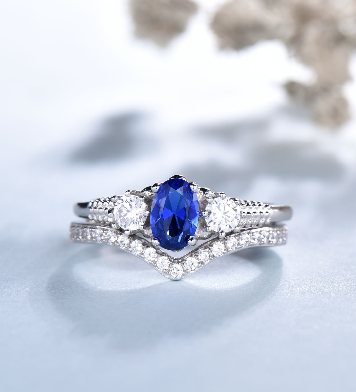 Oval Sapphire Ring Sapphire Wedding Ring Set Blue Sapphire - Etsy