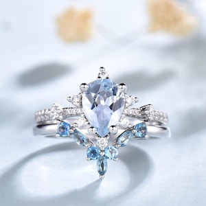 Aquamarijn Ring - Maart Birthstone - Sterling Zilveren Ring - Verlovingsring - Blauwe Topaas Stapelband - Vintage Bruidsset - Belofte Cadeau