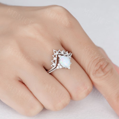 Sterling Silver Opal Ring, Vintage Opal Engagement Ring, White Opal Ring, Unique Art Deco Stacking Band, Opal Bridal Ring Set, Gift shops for Her