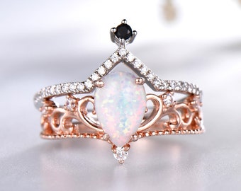 White Fire Opal Ring Crown Princess Ring Set Pear Opal Arch Curve Wedding Band Simulated Diamond Stones Silver Engagement Promise Ring