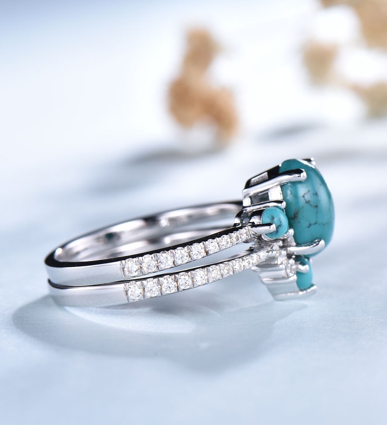 Turquoise Wedding Ring Set Oval Turquoise Ring 925 Sterling Silver Rings December Birthstone Ring Turquoise Gold Ring Bridal Set