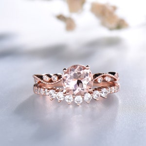 Natürliche Morganit Verlobungsring Rose Gold Braut Set Runde Morganit Ring Vintage Band CZ Diamant Stapeln Ring Jahrestagsgeschenk Silber