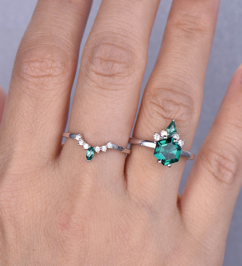 Emerald Ring Set Vintage Emerald Engagement Ring Green Ring Etsy