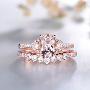 Rose Gold Morganit Ring, CZ Diamant-Hochzeitsband, Braut Ring Set, 14 K solid Gold Ring, Stapeln Ring, Birthstone Schmuck, Geschenke für Sie