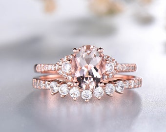 Rose Gold Morganite Ring, CZ Diamond Wedding Band, Bridal Ring Set, 14K Solid Gold Ring, Stacking Ring, Birthstone Jewelry, Gifts for Her