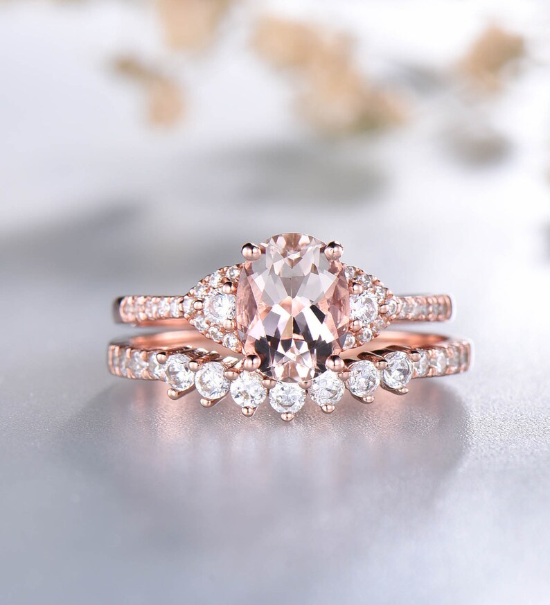 CZ Diamond Wedding Band Rose Gold Morganite Ring 14K Solid Gold Ring Gifts for Her Bridal Ring Set Birthstone Jewelry Stacking Ring