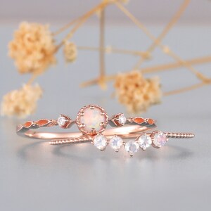 Dainty Opal Ring, Moonstone Wedding Band, Minimalist Opal Ring, Art Deco Rings, Engagement Ring, Rose Gold Rings For Women, Bridal Set