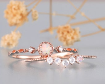 Dainty Opal Ring, Moonstone Wedding Band, Minimalist Opal Ring, Art Deco Rings, Engagement Ring, Rose Gold Rings For Women, Bridal Set