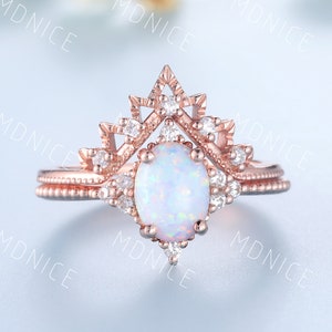 Vintage Opal Verlobungsring Set, Oval Geschliffener weißer Opal Ring, Roségold Opal Ehering Set, Unikat Stapelring, Jahrestag Hochzeitsring