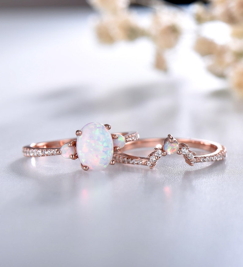 Opal Ring,White Fire Opal Engagement Ring Set,Oval Opal Bridal Set,CZ Diamond Eternity Band,Silver Opal Ring,14K Rose Gold Opal Wedding Ring image 3