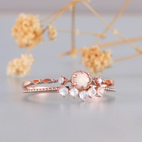 Dainty Opal shops Ring, Moonstone Wedding Band, Minimalist Opal Ring, Art Deco Rings, Engagement Ring, Rose Gold Rings For Women, Bridal Set