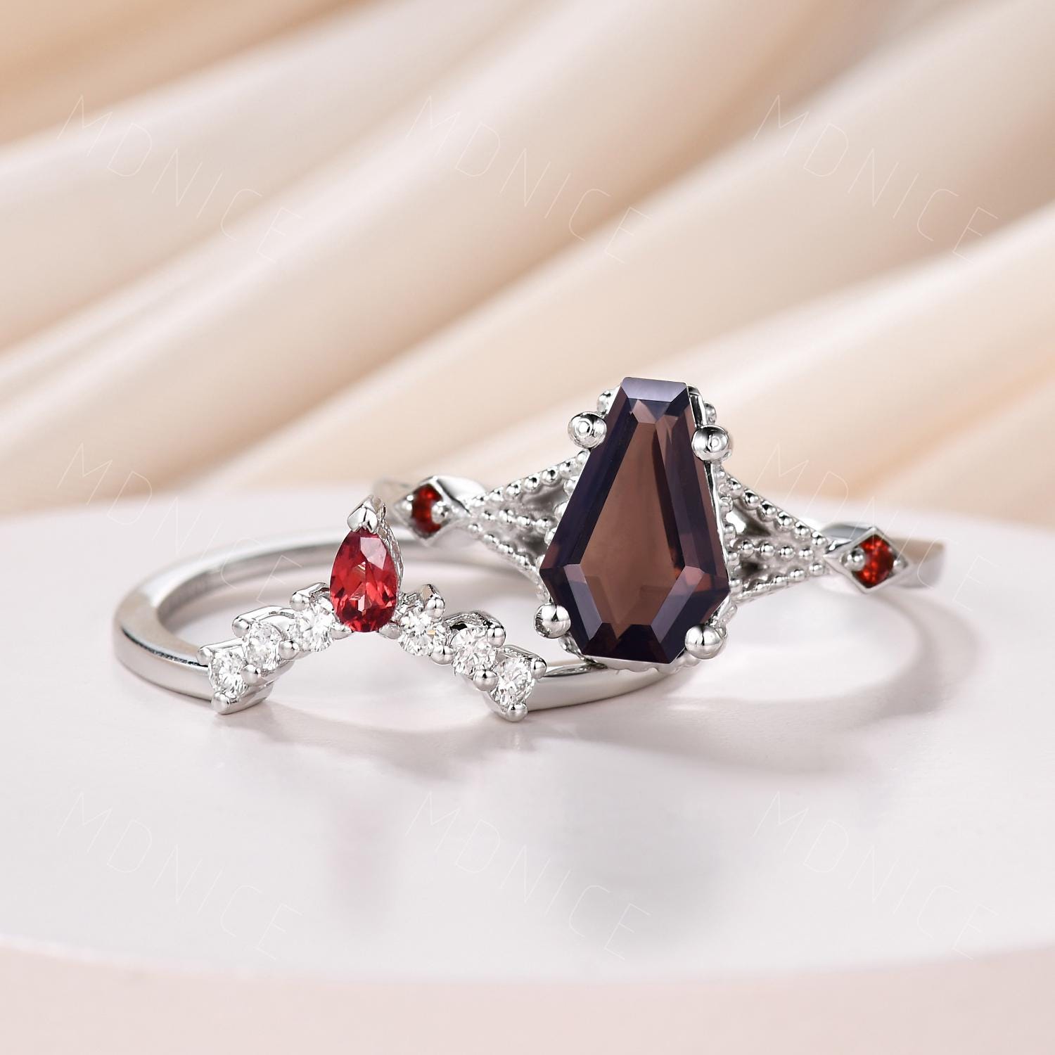 Gothic Coffin Cut Smoky Quartz Garnet Wedding Ring Set - Etsy Gothic Coffin Cut Smoky Quartz Garnet Wedding Ring Set - Etsy