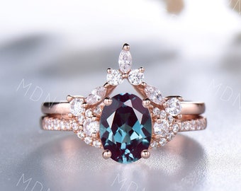 Oval Alexandrite Engagement Ring Set June Birthstone Ring Rose Gold Rings for Women Color Changing Stone Ring Vintage Bridal Promise Ring