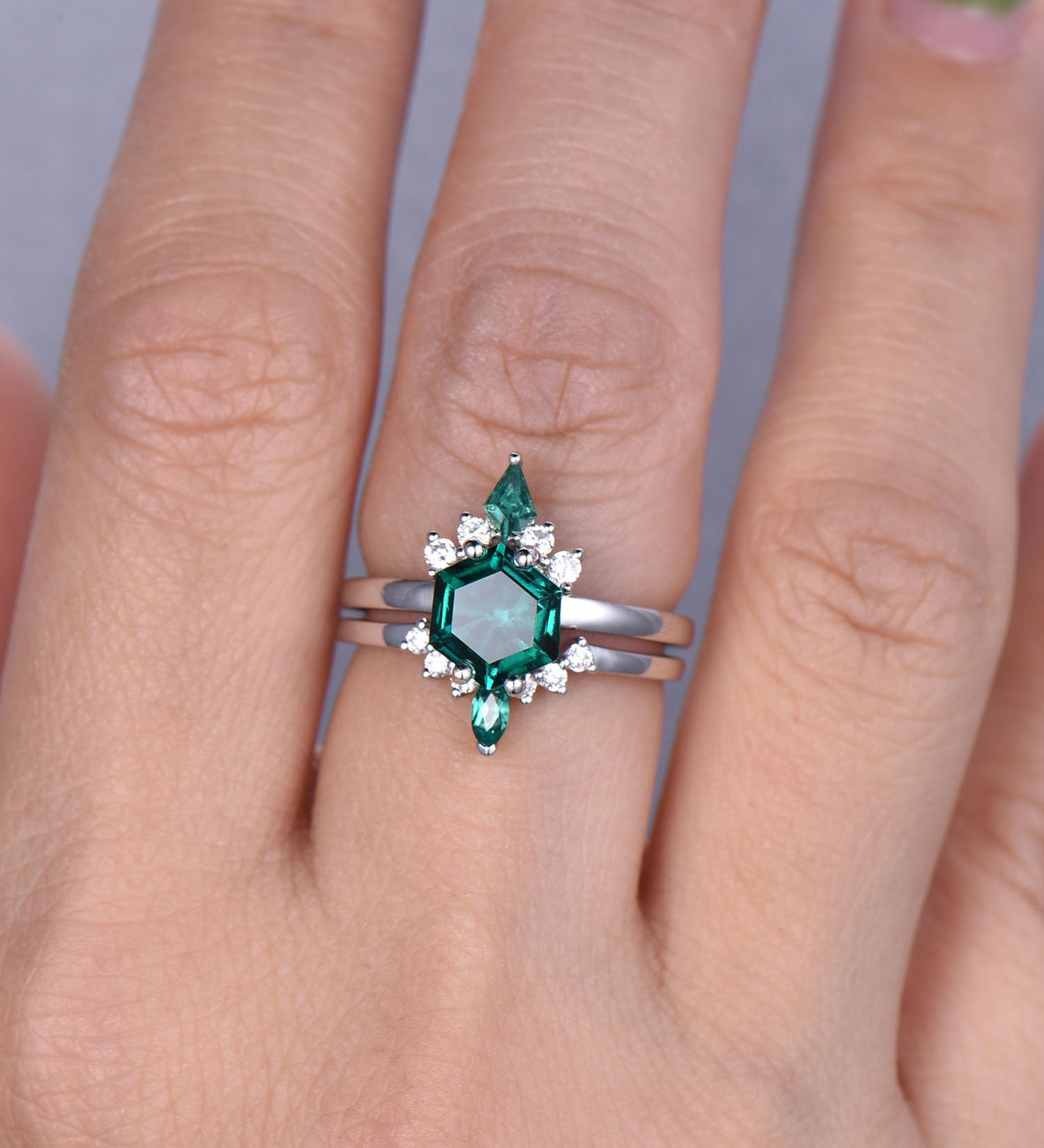 Emerald Ring Set Vintage Emerald Engagement Ring Green Ring Etsy