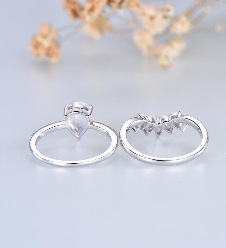 White Gold Moonstone Wedding Ring Set Vintage Moonstone Ring Pear Moonstone Engagement Ring Crown Wedding Band Sterling Silver Ring
