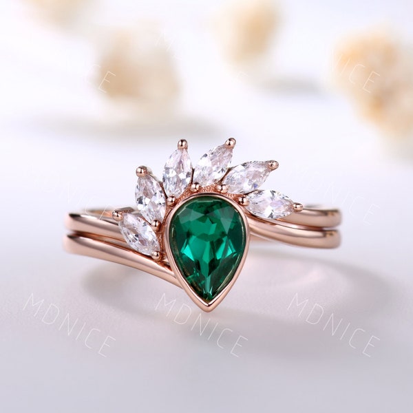 Green emerald engagement ring set rose gold emerald ring unique marquise cut diamond wedding band May birthstone ring promise ring