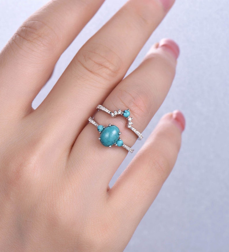 Turquoise Wedding Ring Set Oval Turquoise Ring 925 Sterling Silver Rings December Birthstone Ring Turquoise Gold Ring Bridal Set